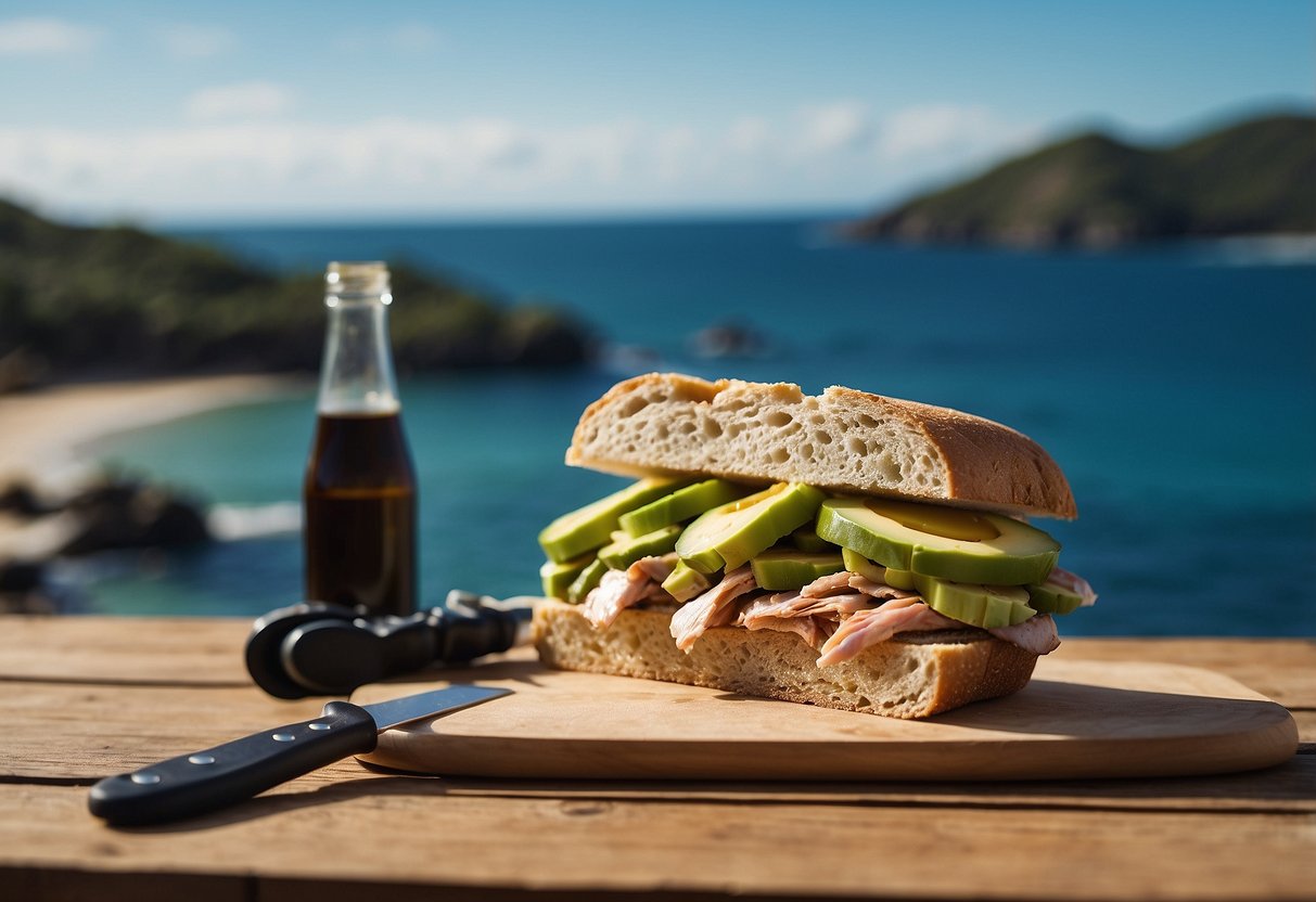 A sandwich with sliced chicken and avocado on whole grain bread, surrounded by diving gear and a picturesque ocean backdrop