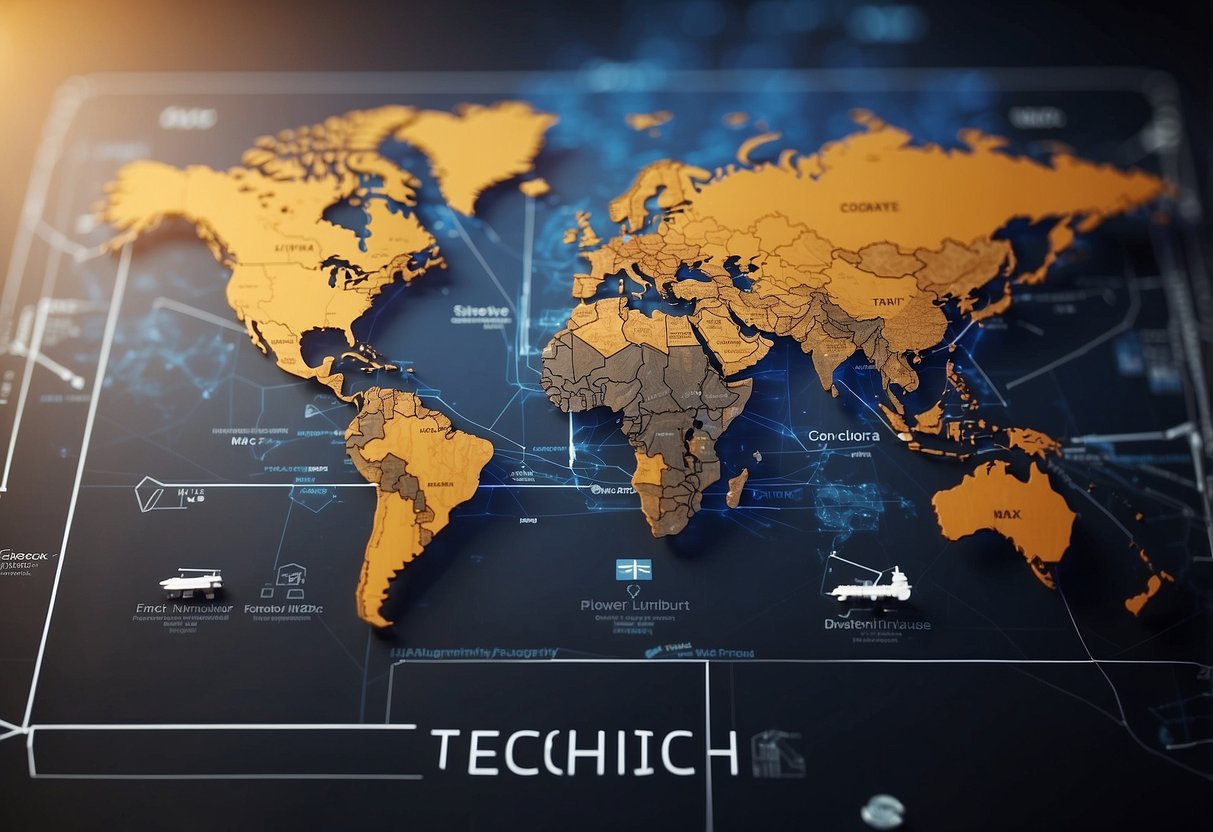 A world map with Technic Group's logo displayed in multiple locations around the globe, representing their global presence in the furniture industry