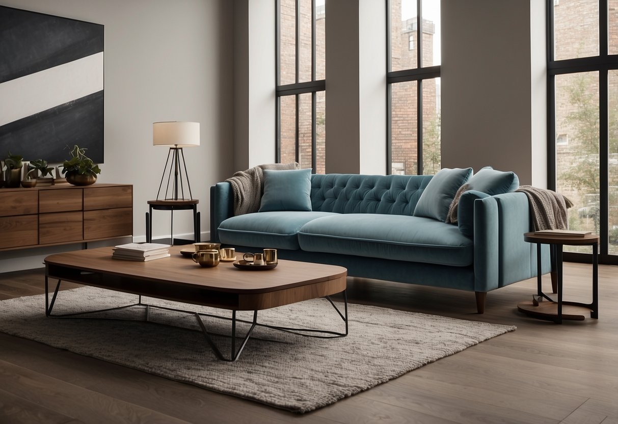 A luxurious king furniture sofa bed sits in a spacious, modern living room, adorned with plush pillows and a cozy throw blanket