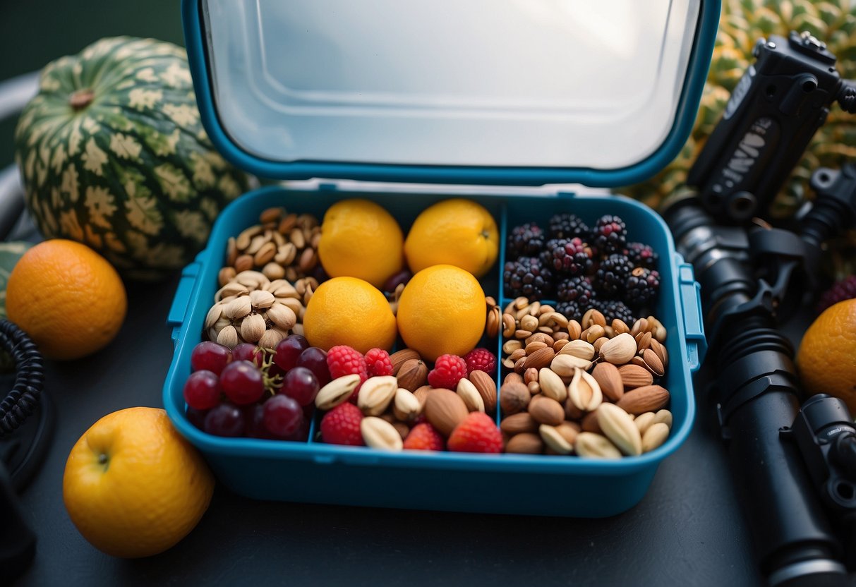 A colorful assortment of fruits and nuts arranged in a lightweight, portable container. The mix is surrounded by diving gear and equipment, hinting at an adventurous underwater journey