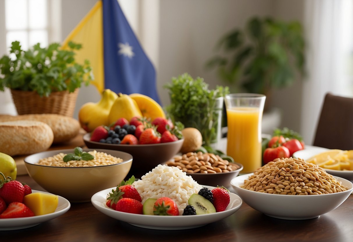 A table set with 10 colorful, balanced meals - fruits, vegetables, lean proteins, and whole grains. A diving flag and gear in the background