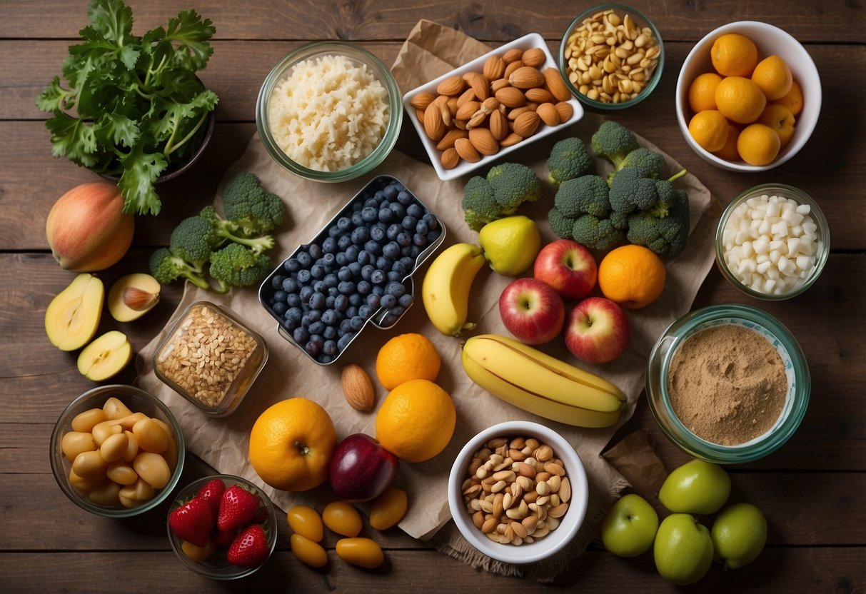 A table with various lightweight and nutritious meal ingredients spread out, including fruits, vegetables, nuts, and canned goods. A diving gear and a map are also laid out on the table