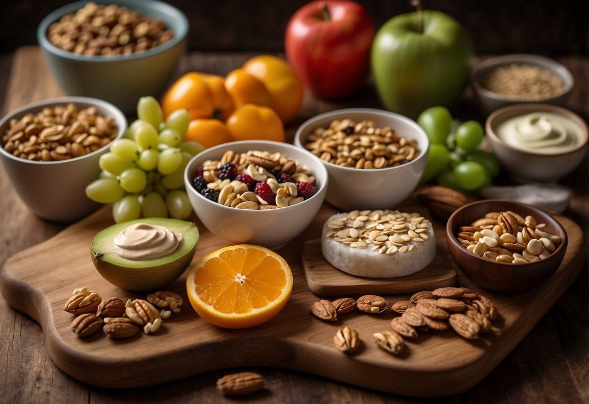 A spread of fresh fruits, nuts, and granola bars on a wooden cutting board. A colorful array of vegetables and hummus in small containers. A bottle of water and a thermos of herbal tea nearby