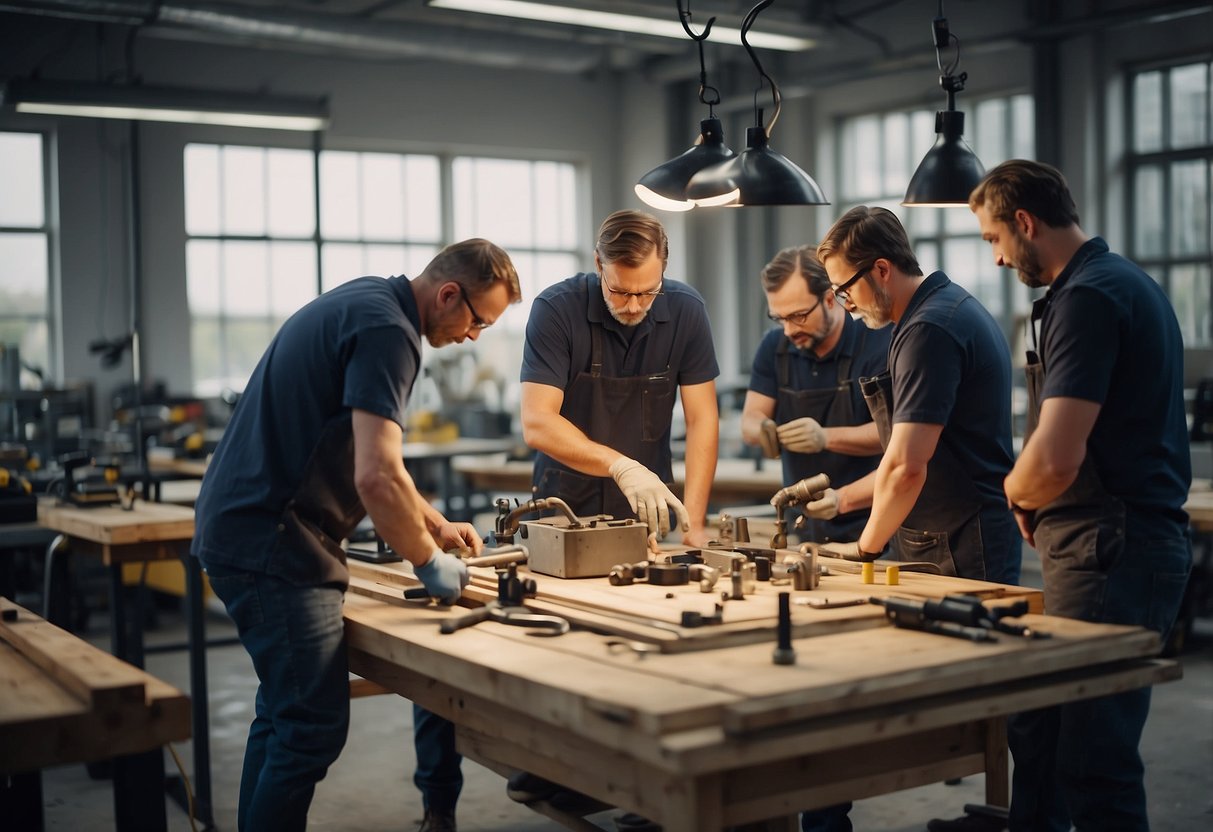 A team of experts assemble and test technic group furniture in a well-lit workshop, surrounded by tools and equipment