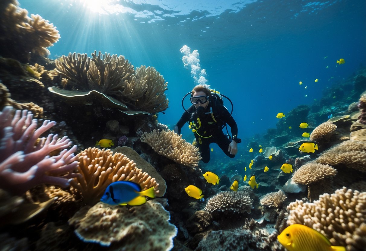 Brightly colored coral reef with diverse marine life, clear blue water, and a scuba diver following safety guidelines