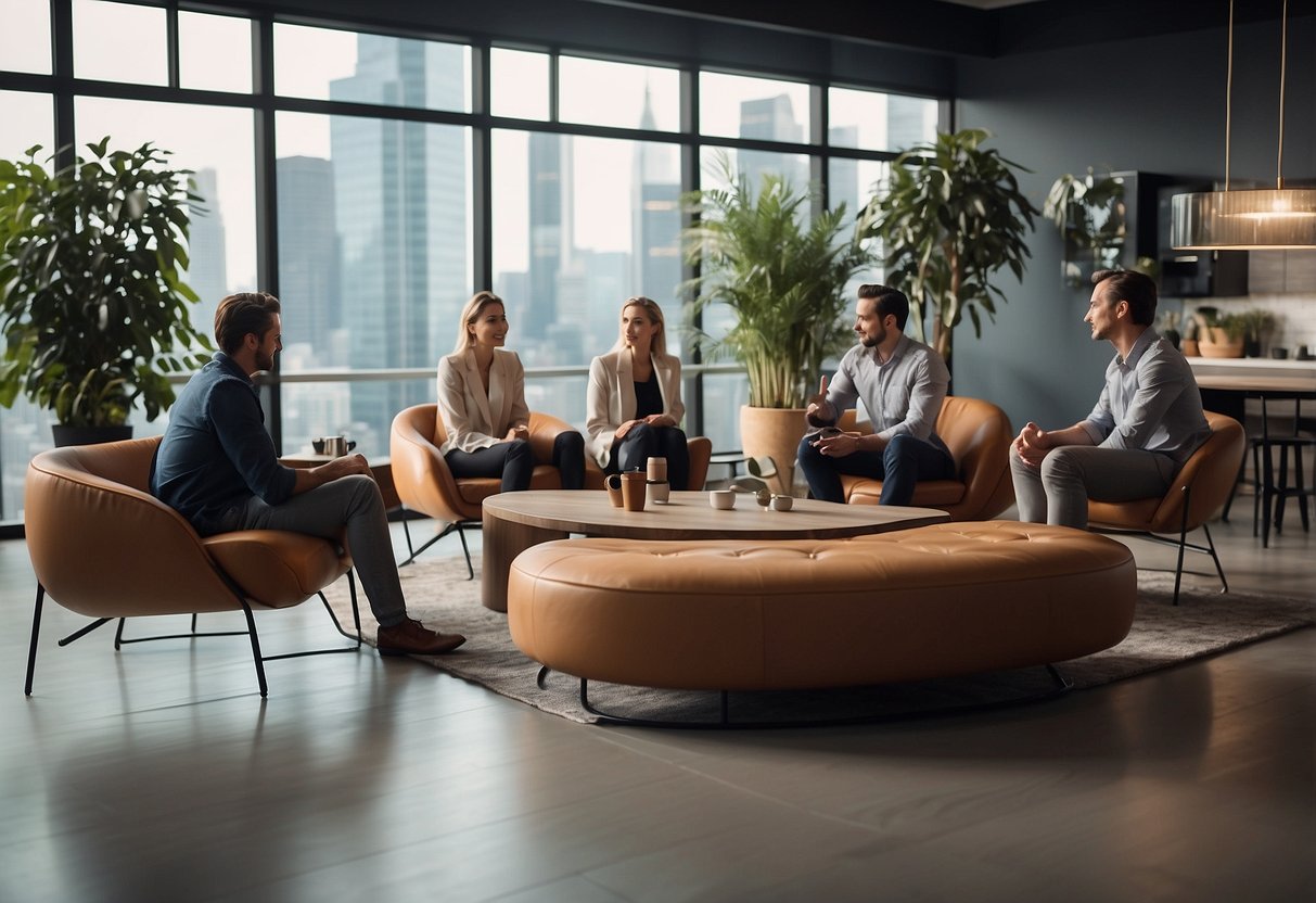 A group of people gathering around a set of modern furniture, discussing and asking questions about the features and design