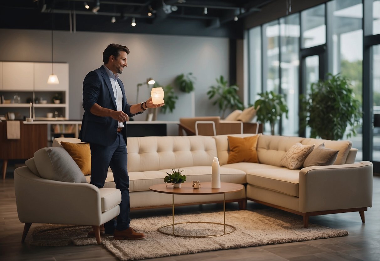 A customer buys a king furniture sofa bed from a salesperson