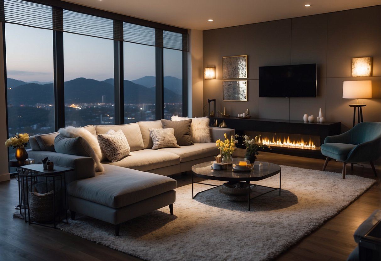 A cozy living room with a stylish king furniture sofa bed as the focal point, surrounded by soft lighting and a few decorative throw pillows