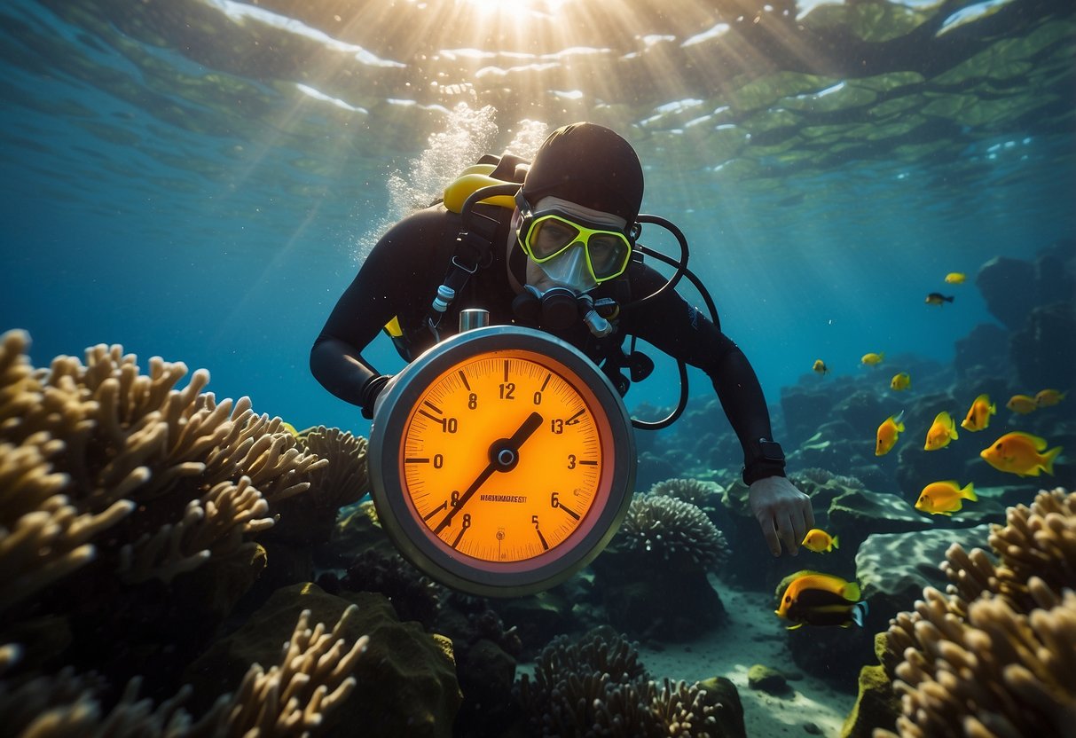 A diver checks air gauge, surrounded by colorful coral and fish. Sunlight filters through the water, creating a serene underwater scene