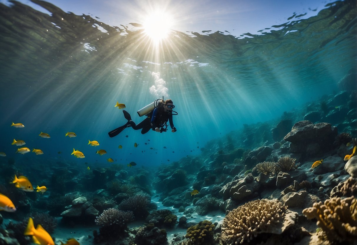 Clear blue water surrounds a scuba diver. Sunlight filters down, illuminating colorful coral and fish. The diver maintains controlled breathing, following 7 tips for staying healthy underwater