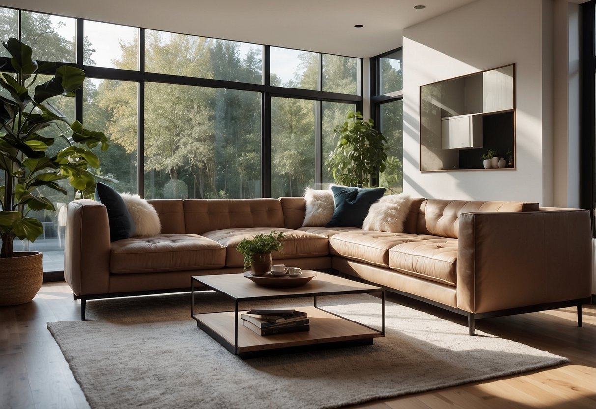 A sleek, modern living room with a stylish sofa, elegant coffee table, and minimalist bookshelf. The room is bathed in natural light from large windows, creating a warm and inviting atmosphere