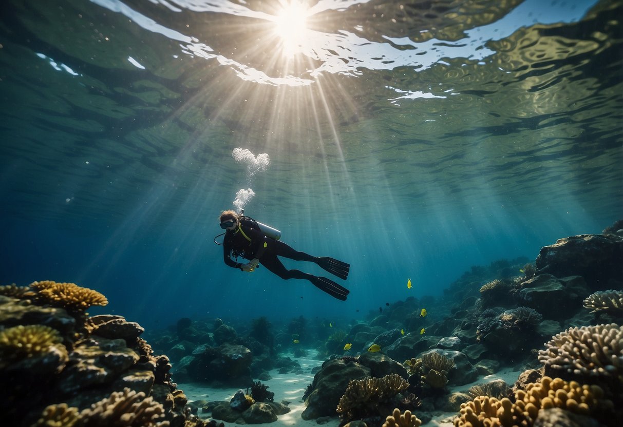 A serene underwater scene with colorful coral, schools of fish, and a diver practicing yoga or swimming. Sunlight filters through the water, creating a peaceful and tranquil atmosphere