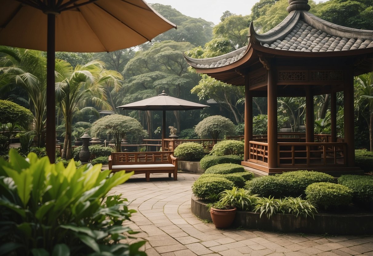 A serene garden setting with a pagoda and teak furniture in Singapore. Lush greenery surrounds the peaceful scene