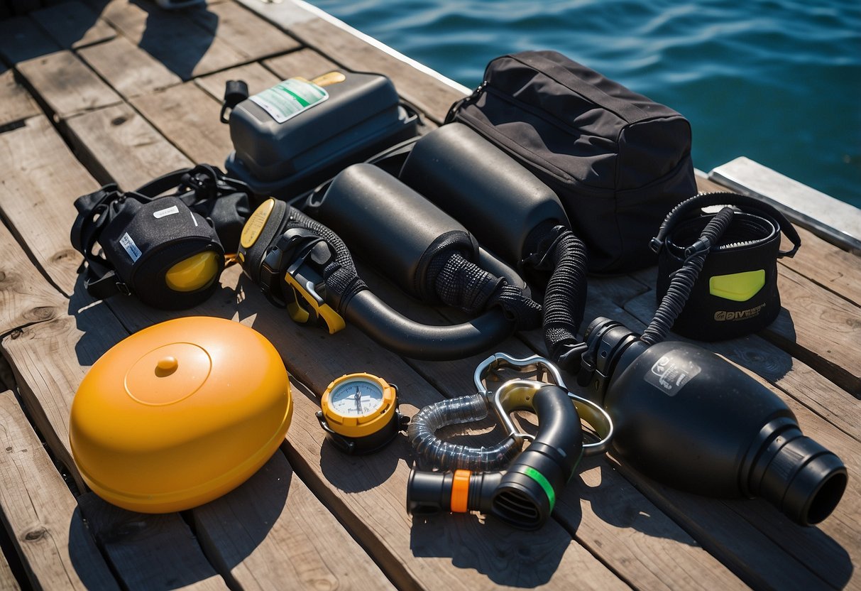 A diver's equipment laid out on a dock: oxygen tank, mask, fins, wetsuit, and flashlight. A first aid kit and emergency whistle are nearby