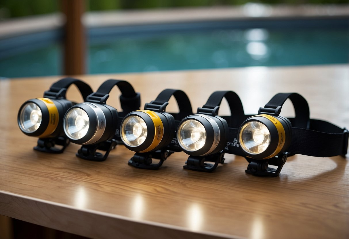 A group of five lightweight headlamps arranged on a table, each with adjustable straps and bright LED lights, ready for diving exploration