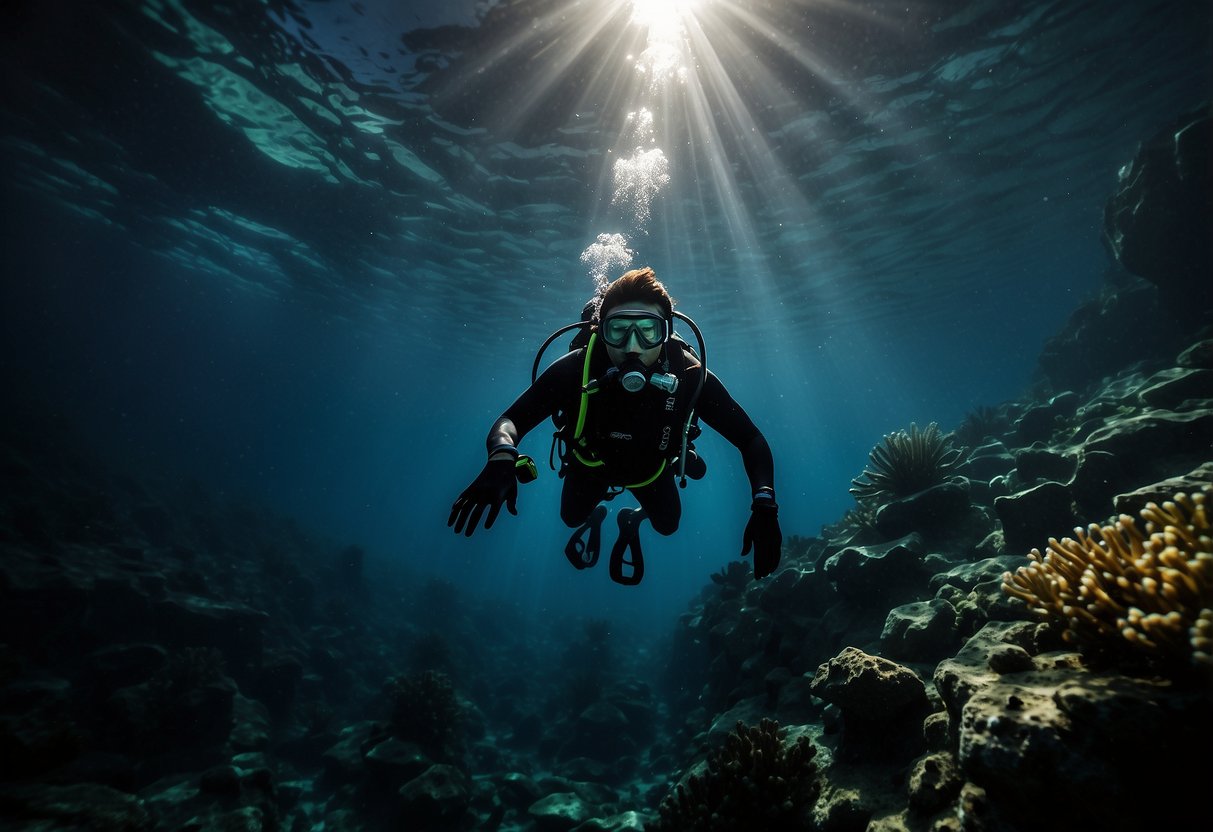 A diver wearing a lightweight headlamp descends into the dark depths, illuminating the underwater world with the Black Diamond Spot 325