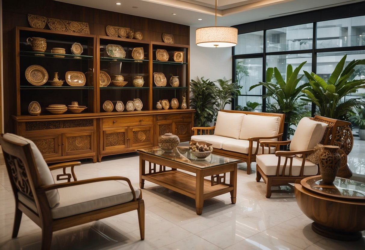 A bright, airy showroom displays a variety of teak furniture, from elegant dining sets to intricately carved coffee tables, in Singapore
