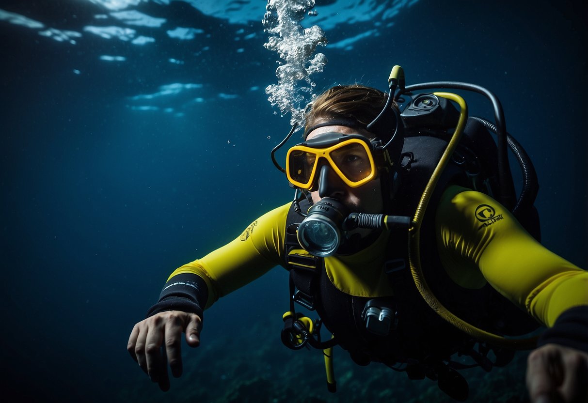 A diver wearing a Princeton Tec Sector 5 headlamp descends into the dark depths, illuminating the underwater world with a powerful beam of light