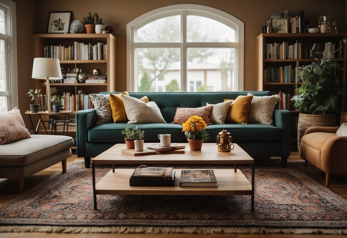 A cozy living room with a sleek, modern sofa and a rustic wooden coffee table. A bookshelf filled with eclectic knick-knacks and a vibrant area rug tie the room together