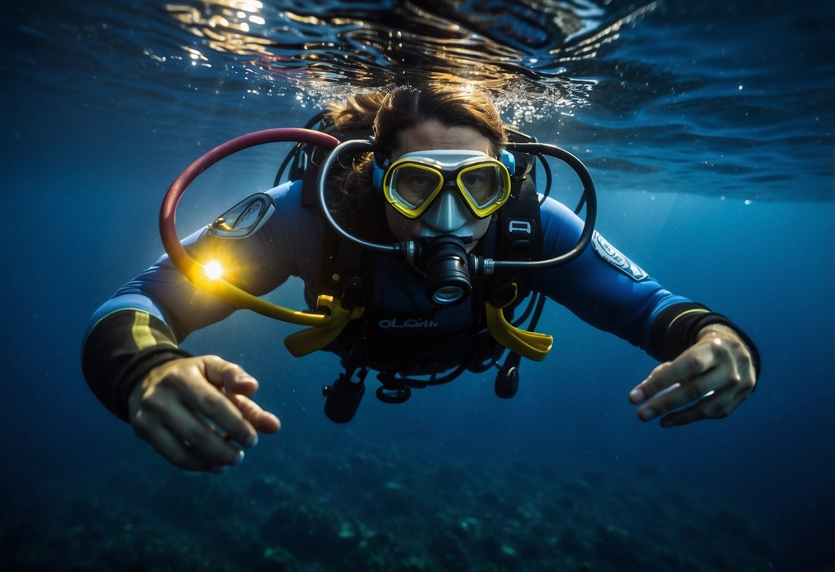 A diver wearing the Olight H2R Nova headlamp descends into the deep blue sea, illuminating the underwater world with a powerful beam of light