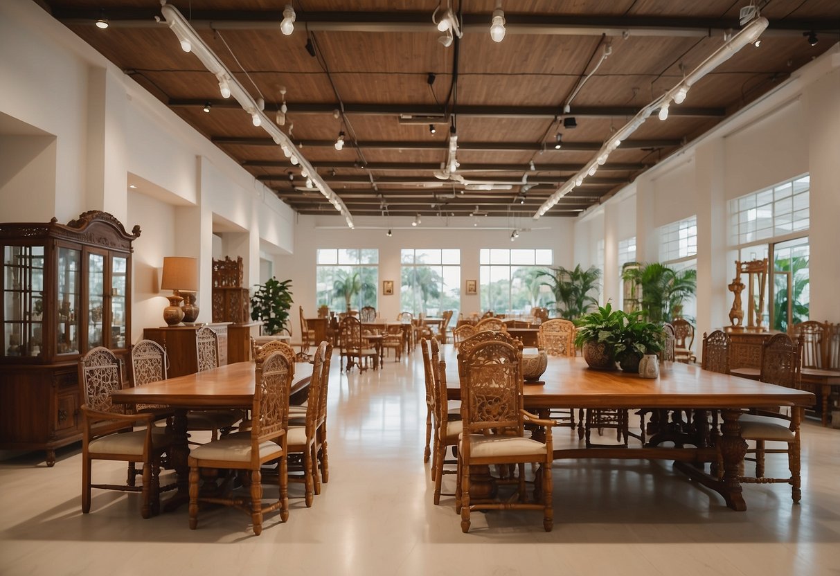 A bright, spacious showroom filled with elegant teak furniture, from sleek dining tables to intricately carved chairs and ornate pagoda-style cabinets