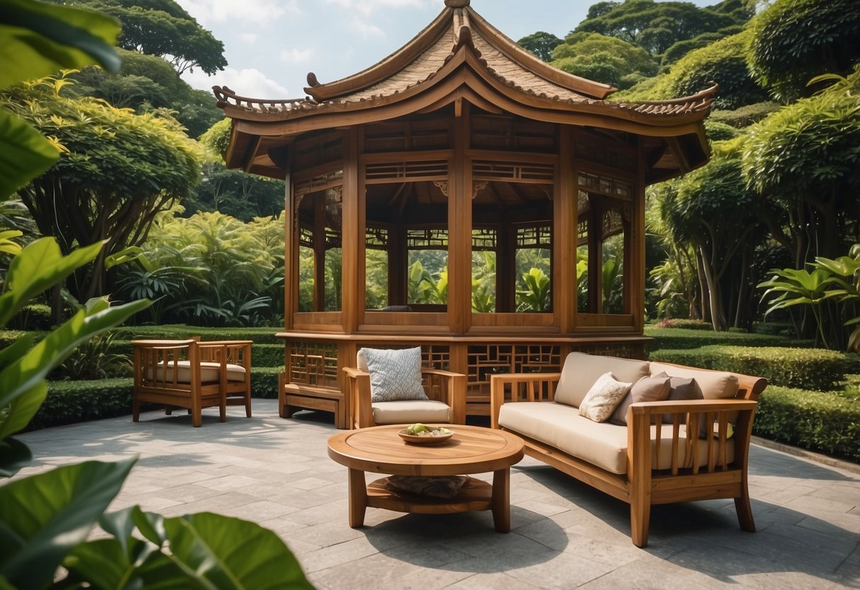 A pagoda-style teak furniture set in a serene garden setting in Singapore, with a clear blue sky and lush greenery surrounding the elegant pieces
