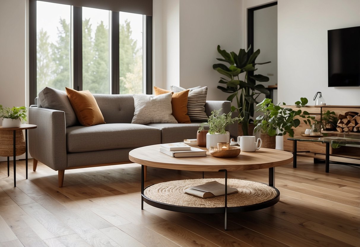 A cozy living room with a sleek, modern sofa and a stylish coffee table from Knock Knock Furniture. The room is bathed in warm, natural light, creating a welcoming and inviting atmosphere