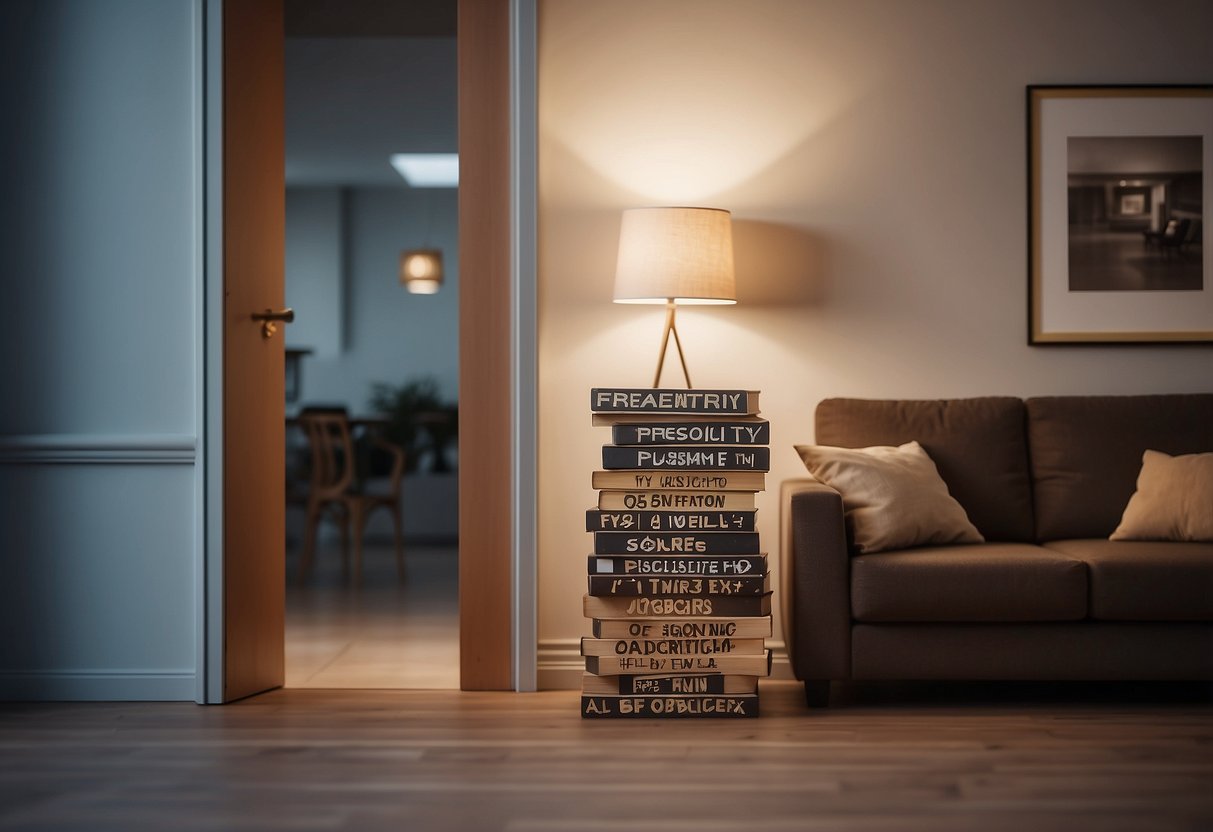A stack of furniture with a "Frequently Asked Questions" sign, and a figure knocking on the door