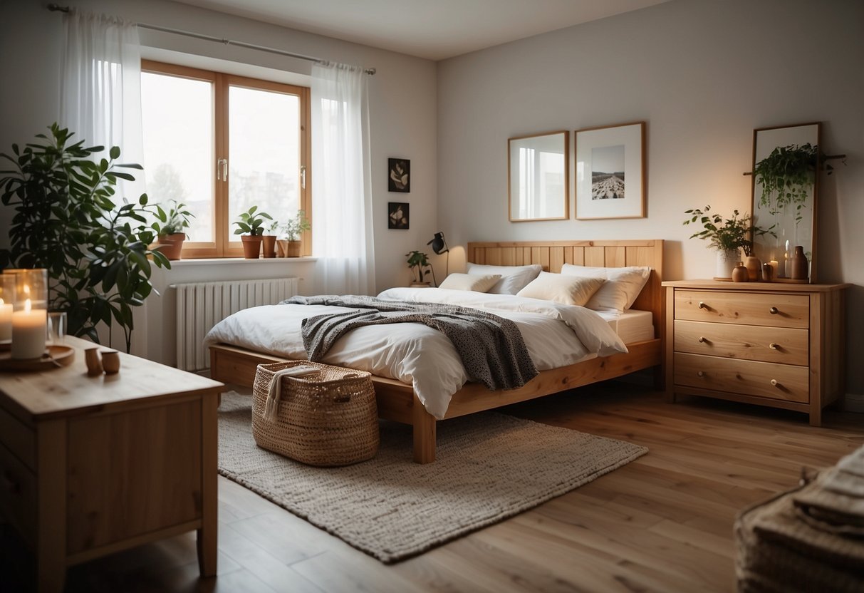 A cozy bedroom with solid wood furniture from IKEA, including a bed, nightstand, dresser, and wardrobe. The warm, natural tones of the wood create a welcoming and comfortable atmosphere