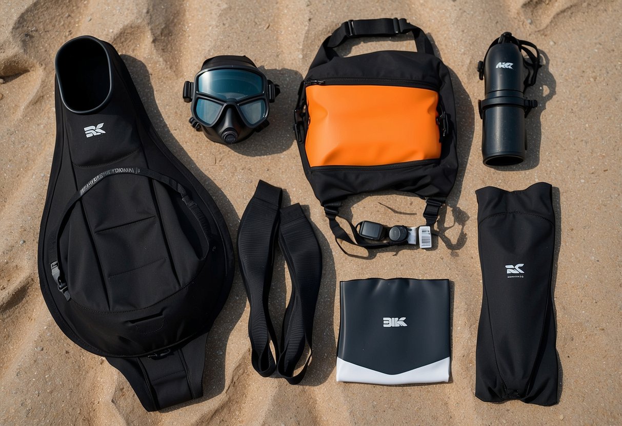 Diving gear laid out on a beach: lightweight wetsuit, compact fins, small mask, and collapsible snorkel. A portable dive computer, minimalist dive knife, and dry bag for essentials