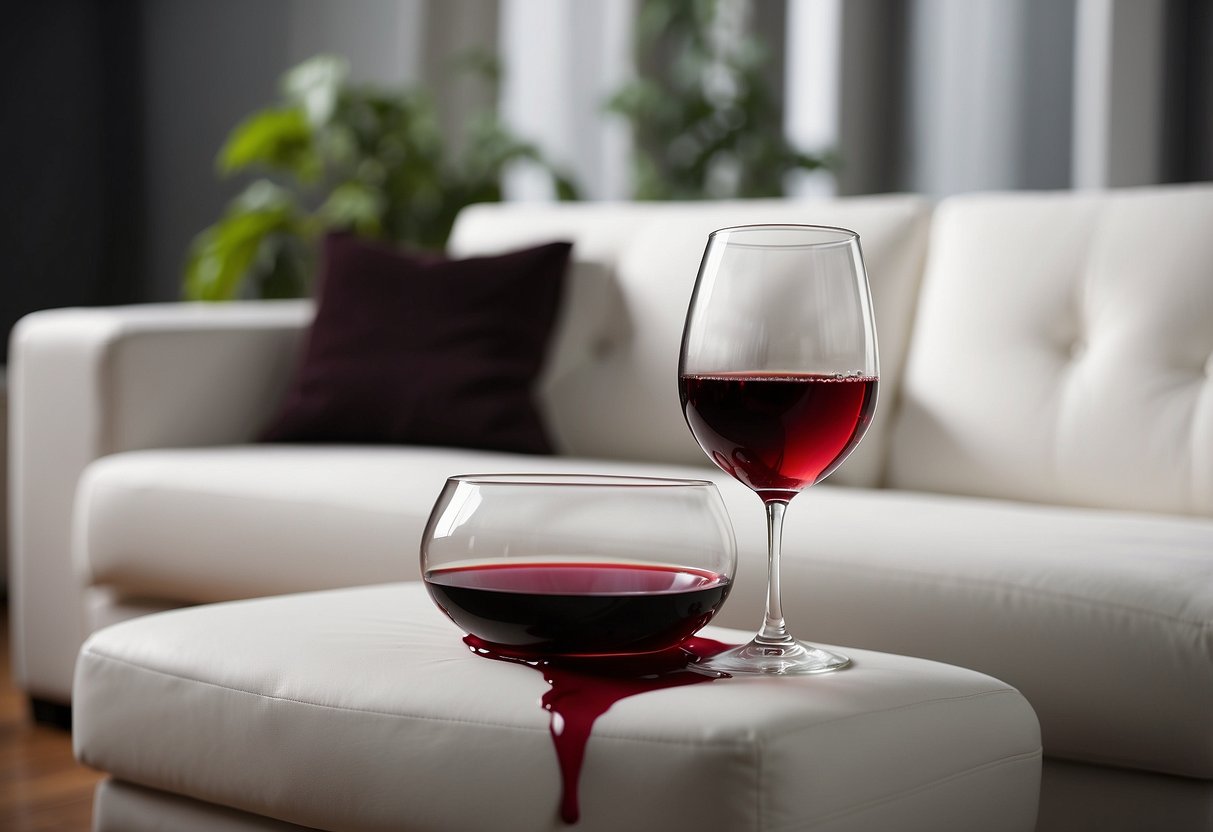 A spill of red wine on a white couch is effortlessly wiped away, leaving no trace behind
