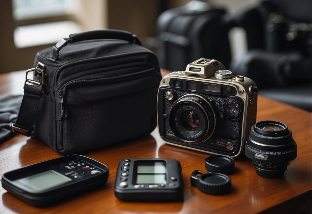 A compact dive computer rests on a cluttered table. Nearby, a suitcase is open with lightweight diving gear neatly packed inside