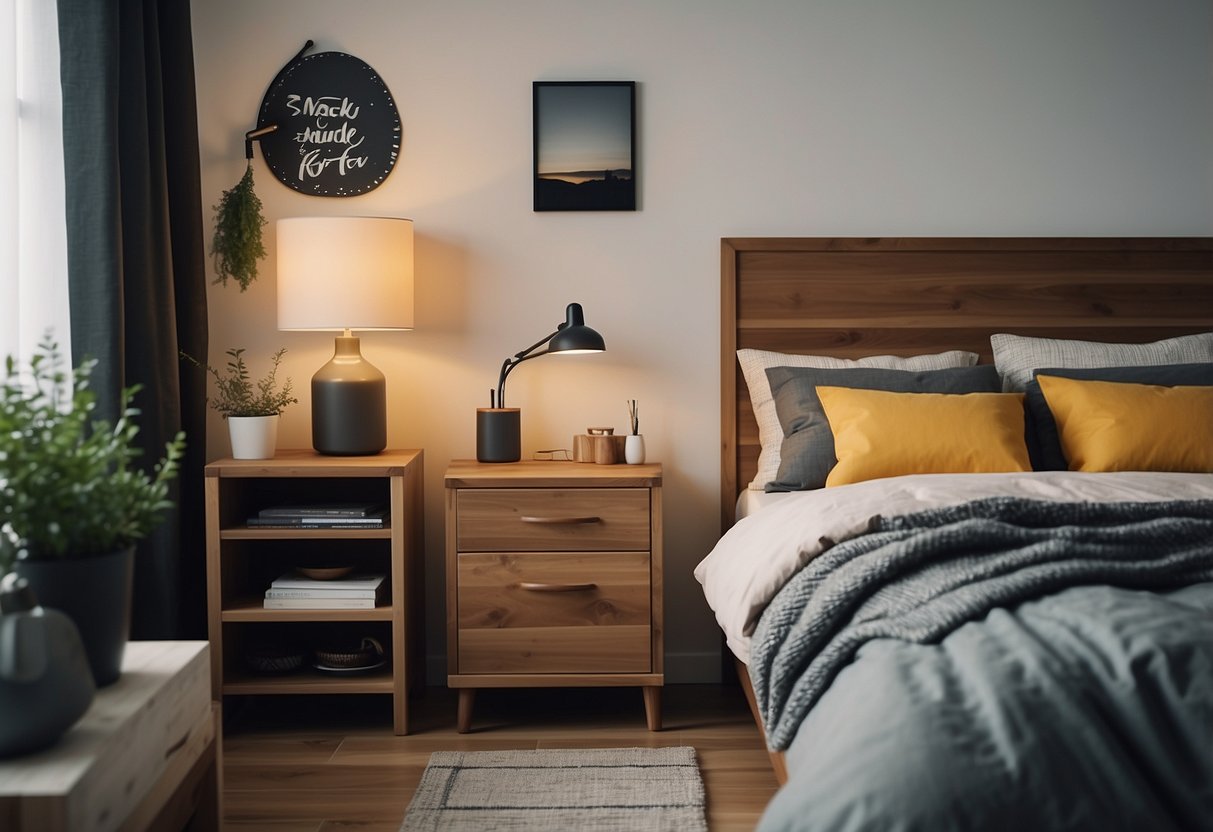 A cozy bedroom with solid wood furniture from Ikea, featuring a sturdy bed frame, matching nightstands, and a spacious dresser