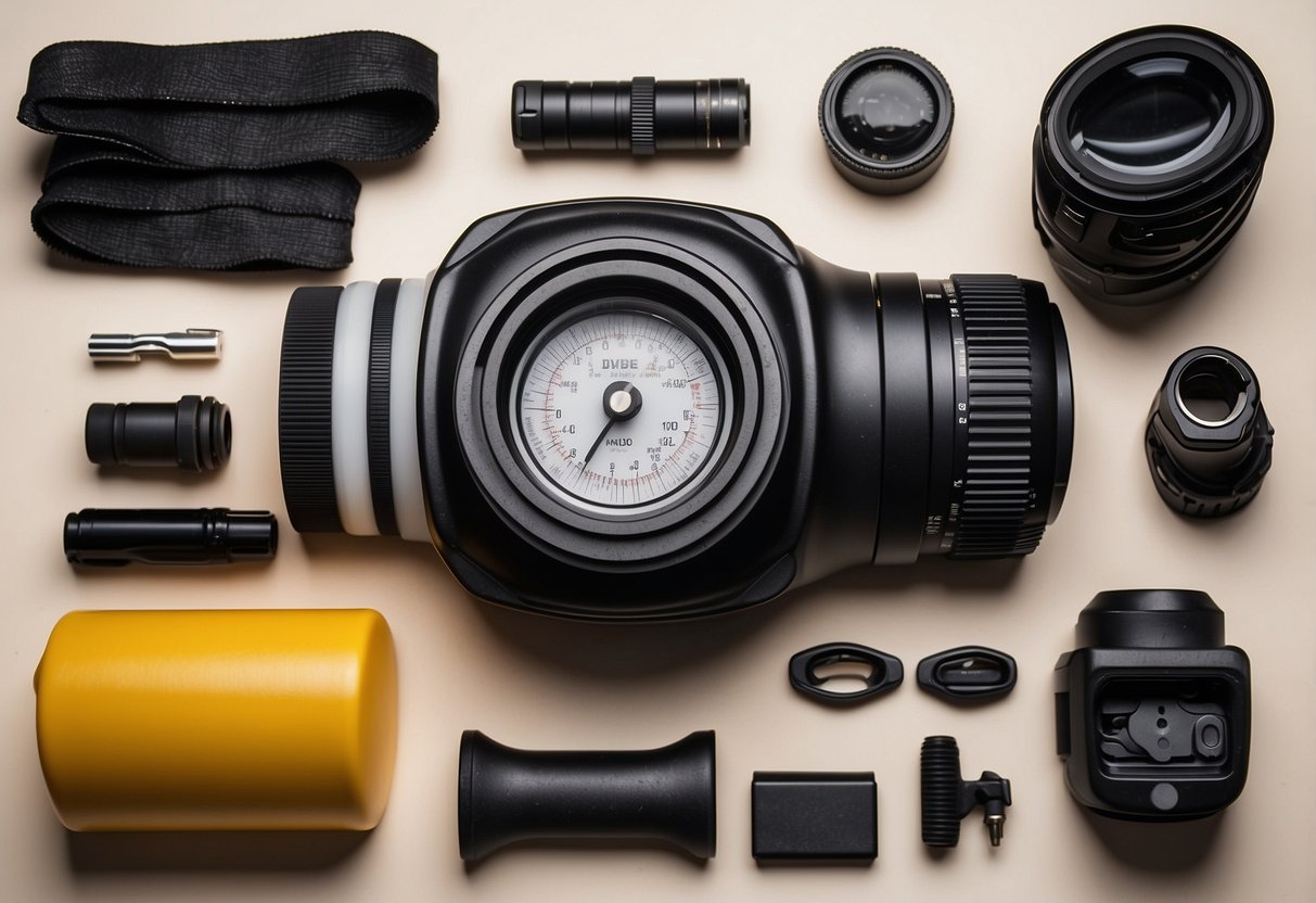 A compact dive light sits atop a pile of diving gear, surrounded by a checklist of tips for reducing pack weight