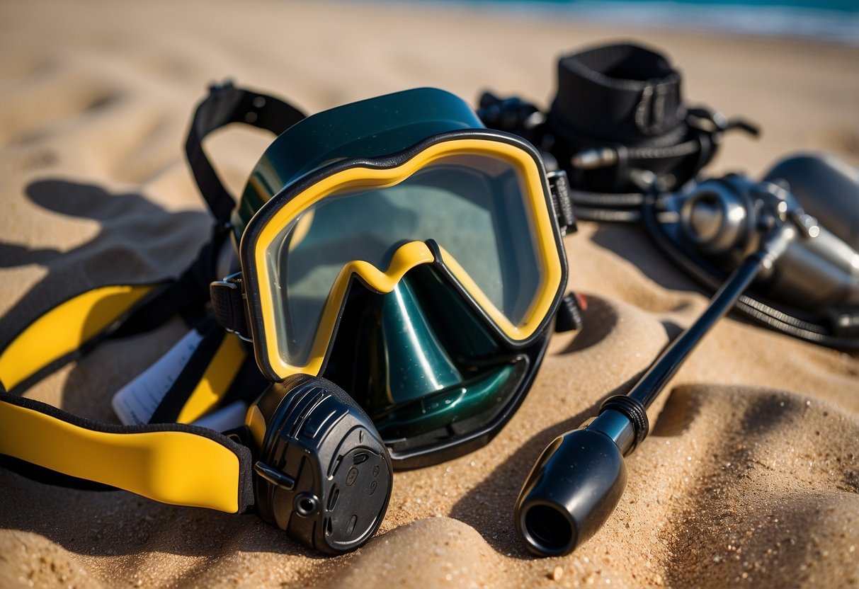 A lighter mask and snorkel lie on a sandy beach, surrounded by diving gear and a checklist of weight-reducing tips