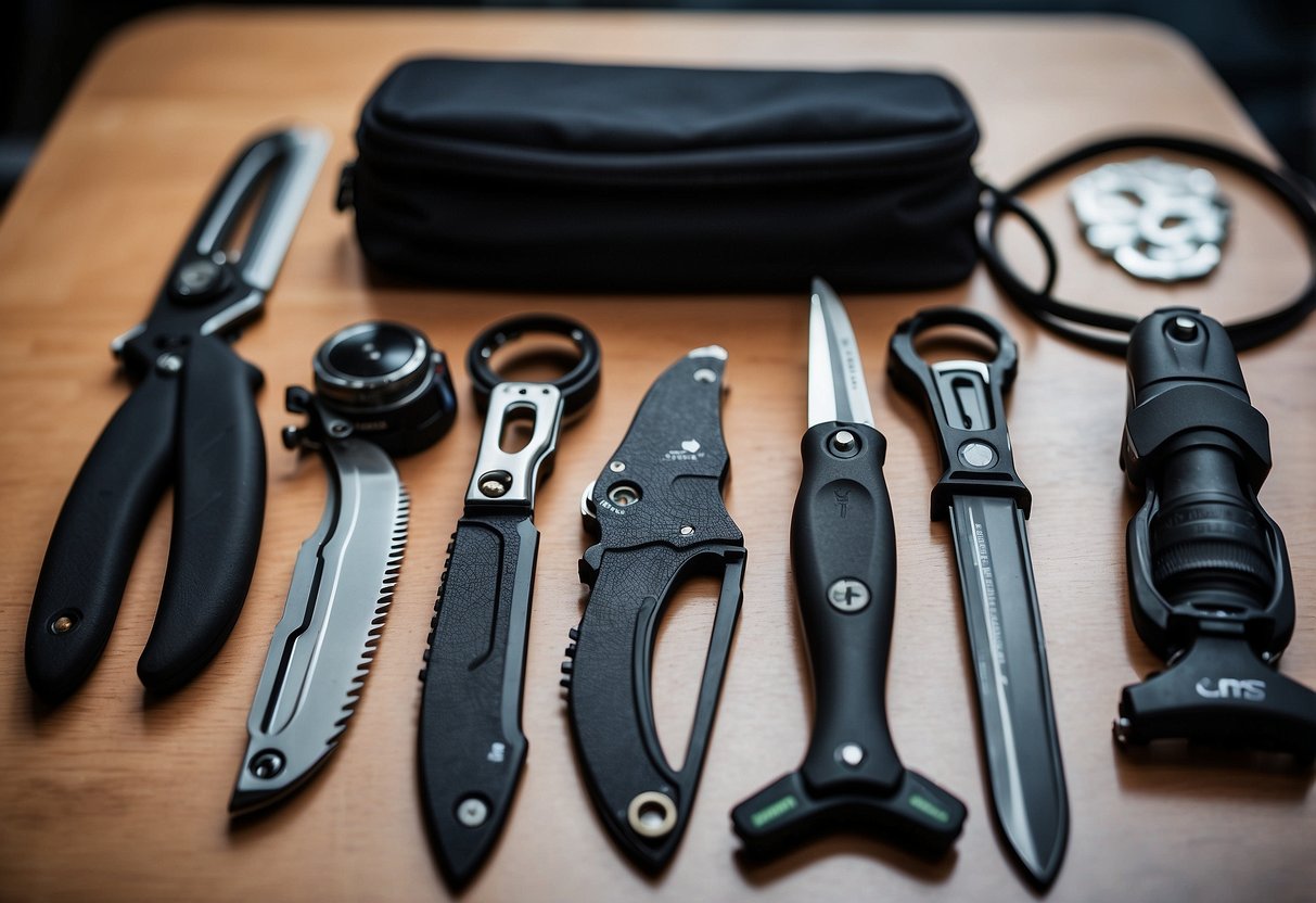 A travel-size dive knife is being packed alongside lightweight diving gear, including a compact regulator and collapsible fins. The diver carefully organizes their equipment to reduce pack weight for their upcoming diving trip