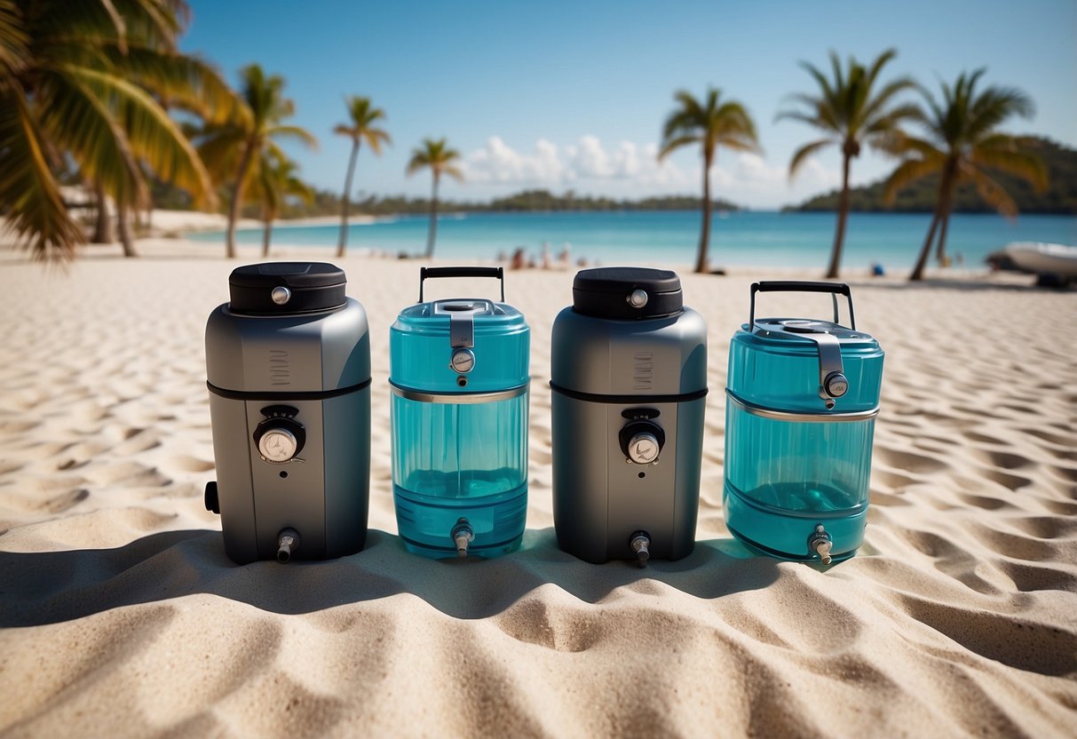 A group of five diving coolers arranged on a sandy beach, surrounded by palm trees and crystal-clear blue water. The sun is shining, and a few seagulls are flying overhead