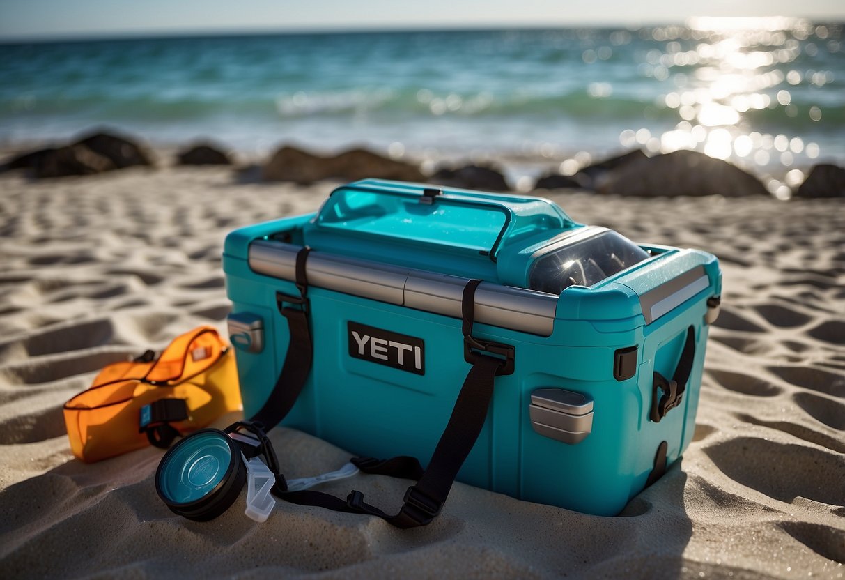 A Yeti Tundra Haul 5 diving cooler sits on a sandy beach, surrounded by snorkeling gear and a colorful array of tropical fish in crystal-clear water