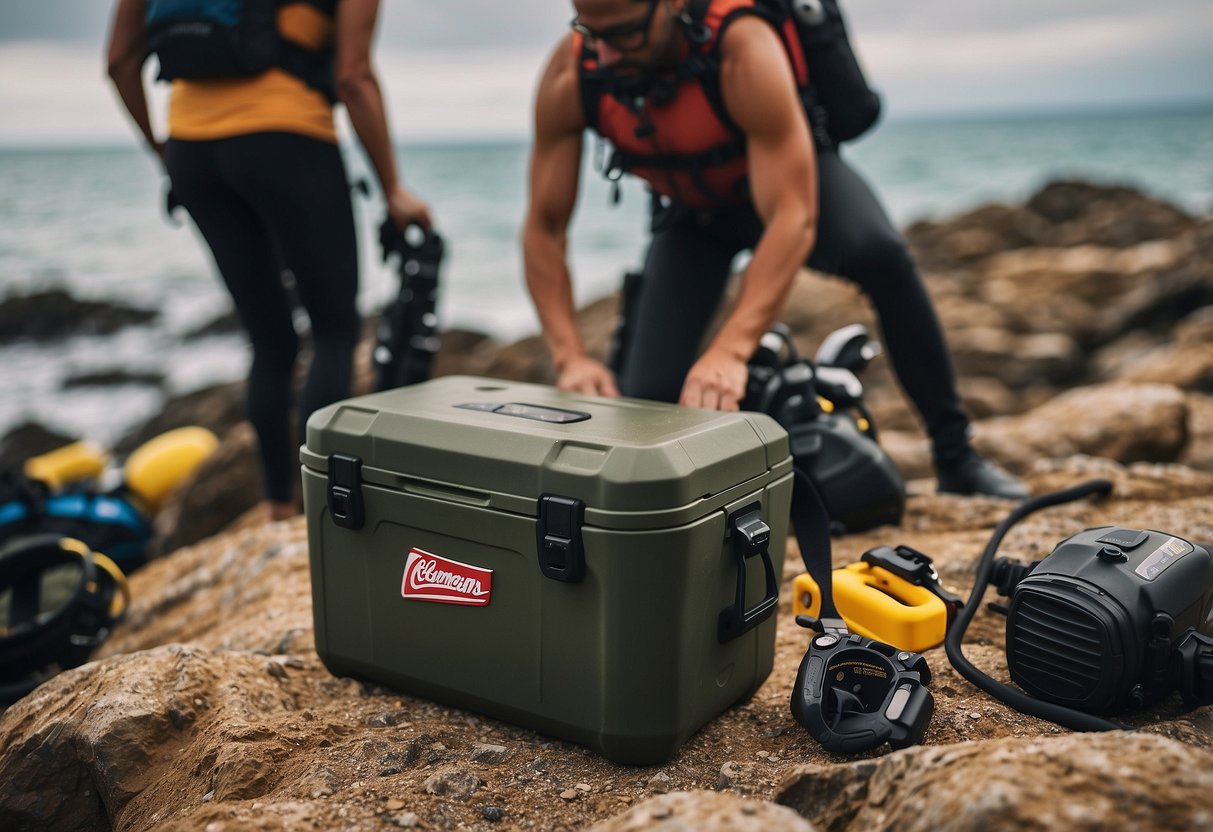 A Coleman Coastal Xtreme 5 cooler sits on a rocky beach, surrounded by diving gear and a group of excited divers preparing for their underwater adventure