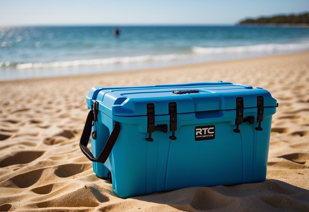 A RTIC 45 cooler sits on a sandy beach, surrounded by diving gear and a pair of flippers. The bright blue ocean stretches out in the background, with a few boats floating in the distance