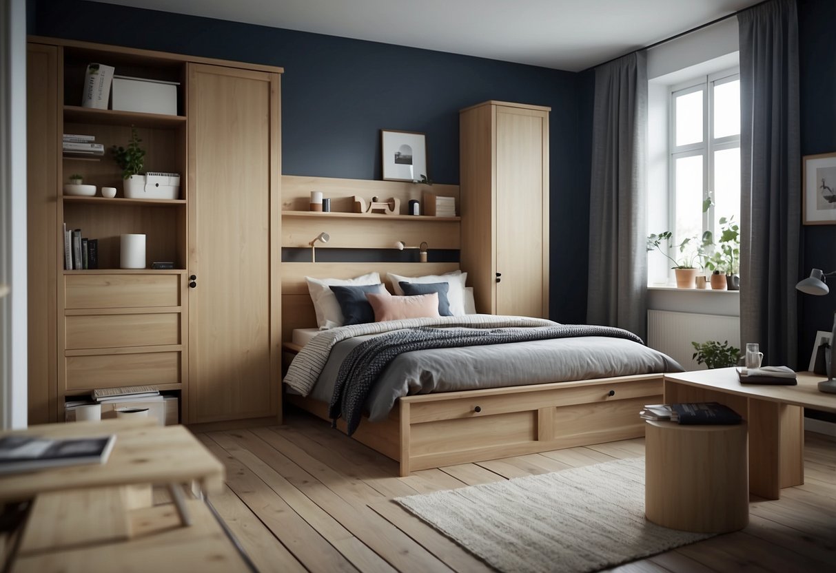 A bedroom with stylish solid wood furniture from Ikea, featuring clever storage solutions maximizing space