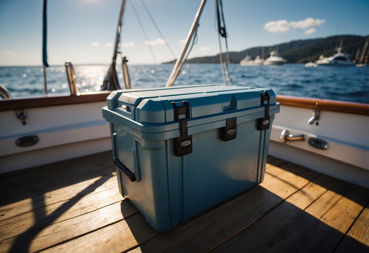 A diving cooler sits on a boat deck, filled with freshly caught fish and ice. The sun shines down, highlighting the cooler's durable construction and secure latches