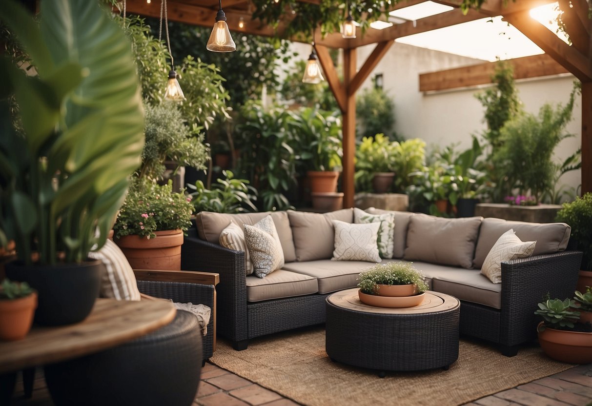 A patio with a cozy outdoor living furniture set, including a comfortable sofa, chairs, and a coffee table, surrounded by potted plants and a warm, inviting ambiance