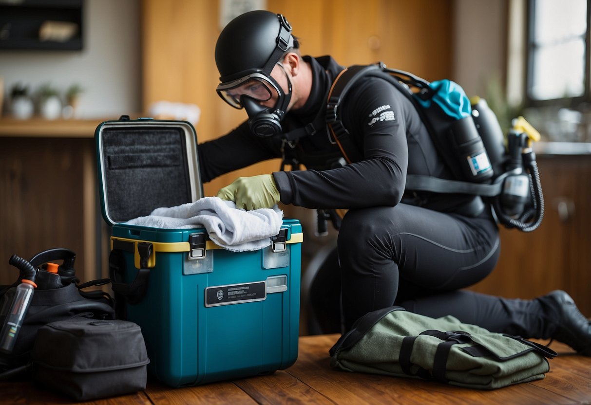 A diver stands beside a cooler, wiping it down with a clean cloth. The cooler is surrounded by diving gear and tools, with a list of maintenance tips displayed nearby