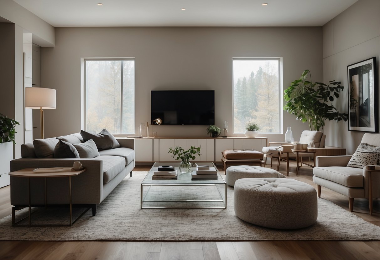 A modern living room with sleek furniture and clean lines, featuring a minimalist design with neutral colors and subtle accents