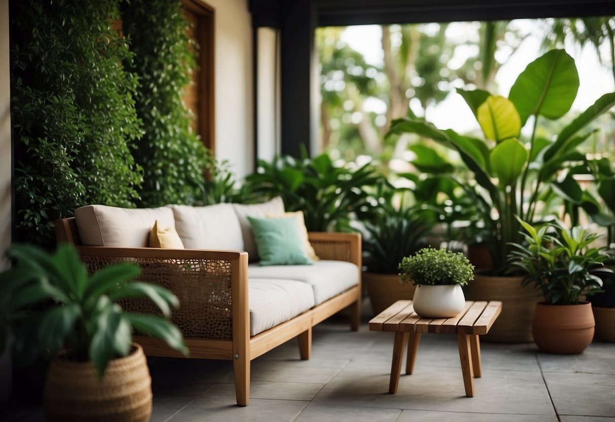 A cozy outdoor space with a comfortable sofa, coffee table, and potted plants surrounded by lush greenery and soft ambient lighting