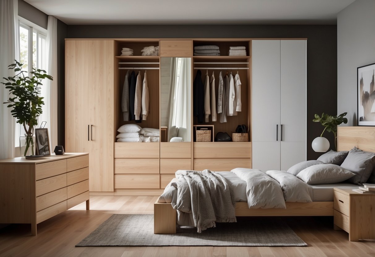 A bedroom with IKEA solid wood furniture neatly arranged, including a bed, nightstand, dresser, and wardrobe. The room is well-lit with natural light, and the furniture is clean and modern in design
