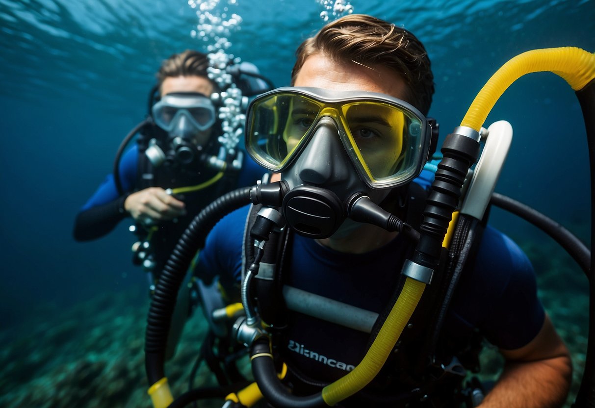 A diver prepares gear, checks air tank, practices breathing, stretches, reviews dive plan, adjusts mask, tests fins, practices buoyancy, and visualizes underwater exploration