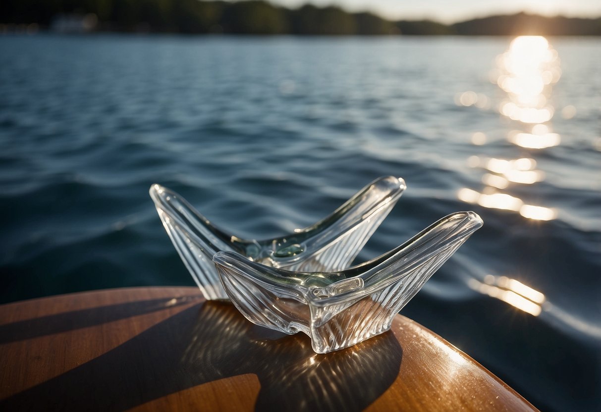 Crystal clear water surrounds a pair of sleek, high-quality diving fins, resting on the deck of a boat. The sun shines down, casting a shimmering glow on the fins