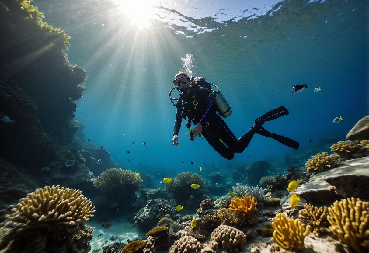 Crystal clear water surrounds a diver descending into the depths, surrounded by colorful marine life and coral reefs. A diving instructor guides from above